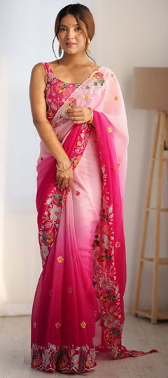 Pink and Majenta color Saree in Georgette fabric with Embroidered, Sequence, Thread work