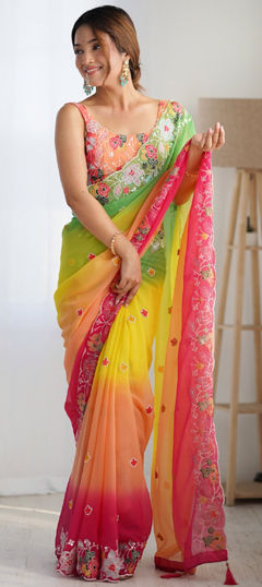 Yellow color Saree in Georgette fabric with Embroidered, Sequence, Thread work