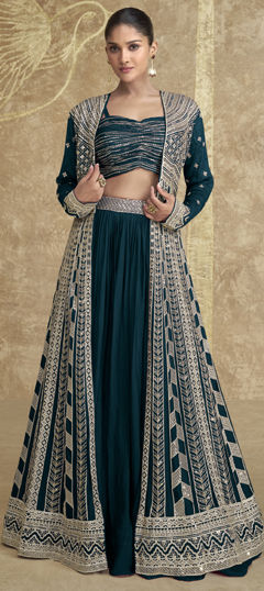 Blue color Long Lehenga Choli in Silk fabric with Embroidered, Thread work