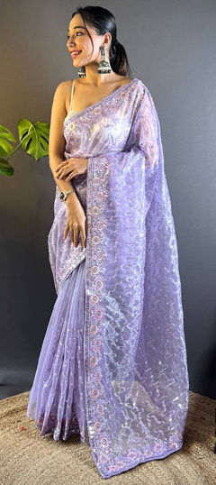 Purple and Violet color Saree in Net fabric with Embroidered, Sequence, Thread work