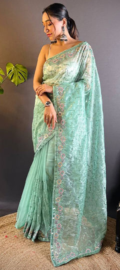 Green color Saree in Net fabric with Embroidered, Sequence, Thread work