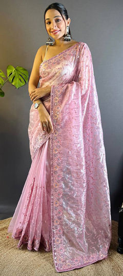 Pink and Majenta color Saree in Net fabric with Embroidered, Sequence, Thread work