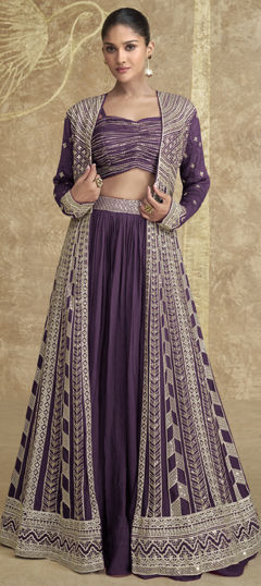 Purple and Violet color Long Lehenga Choli in Silk fabric with Embroidered, Thread work