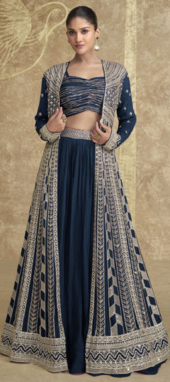 Blue color Long Lehenga Choli in Silk fabric with Embroidered, Thread work