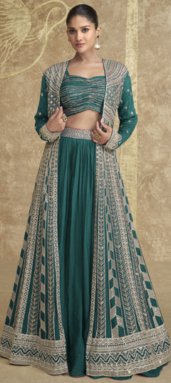 Green color Long Lehenga Choli in Silk fabric with Embroidered, Thread work