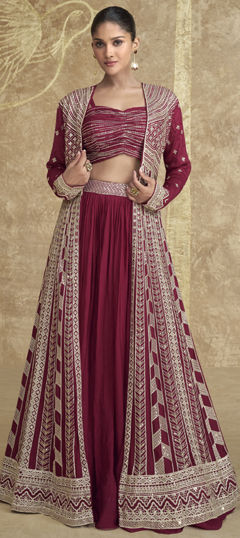 Red and Maroon color Long Lehenga Choli in Silk fabric with Embroidered, Thread work