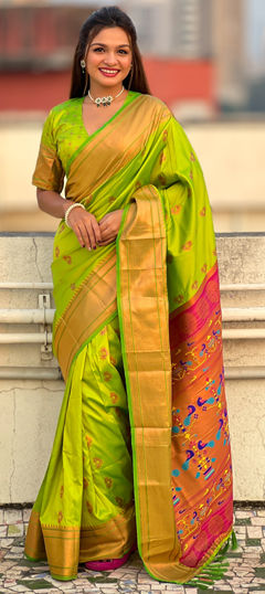 Green color Saree in Silk fabric with Weaving work