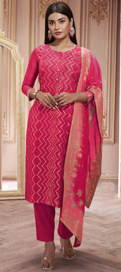 Red and Maroon color Salwar Kameez in Silk fabric with Weaving, Zari work