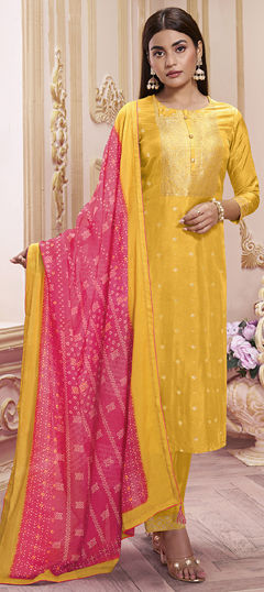 Yellow color Salwar Kameez in Silk fabric with Weaving, Zari work