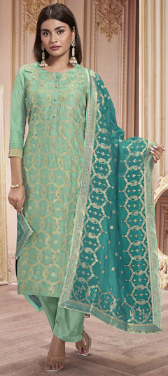 Green color Salwar Kameez in Silk fabric with Weaving, Zari work