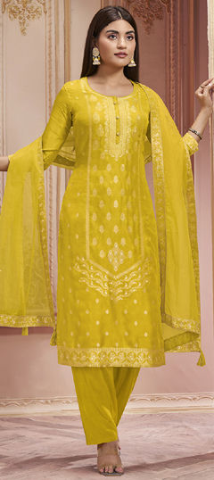 Yellow color Salwar Kameez in Silk fabric with Weaving, Zari work