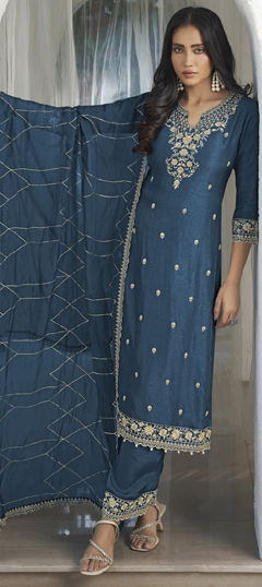 Blue color Salwar Kameez in Silk fabric with Embroidered, Thread, Zari work