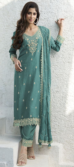 Green color Salwar Kameez in Silk fabric with Embroidered, Thread, Zari work