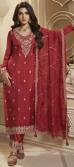 Red and Maroon color Salwar Kameez in Silk fabric with Embroidered, Thread, Zari work