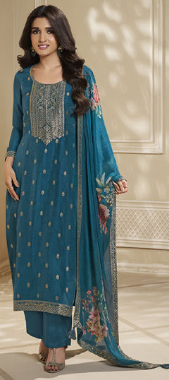 Blue color Salwar Kameez in Silk fabric with Sequence, Weaving, Zari work