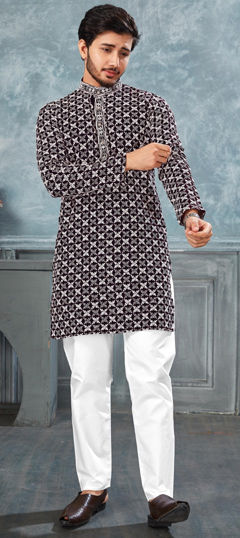 Beige and Brown color Kurta Pyjamas in Rayon fabric with Embroidered, Thread work