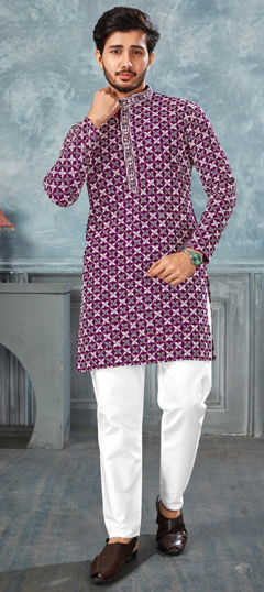 Purple and Violet color Kurta Pyjamas in Rayon fabric with Embroidered, Thread work