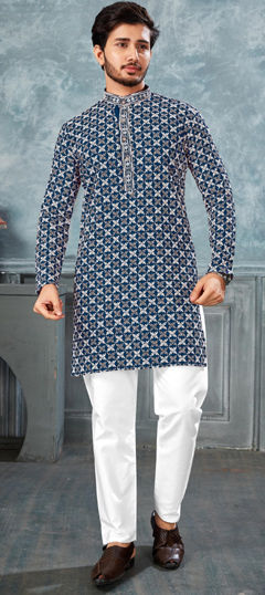 Blue color Kurta Pyjamas in Rayon fabric with Embroidered, Thread work