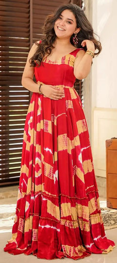 Red and Maroon color Gown in Rayon fabric with Digital Print work