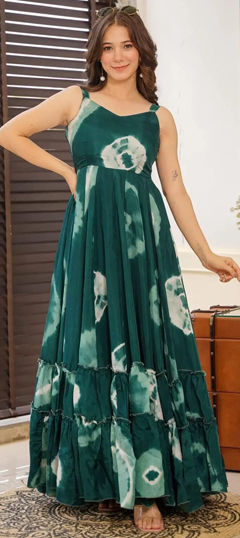 Green color Gown in Rayon fabric with Digital Print work