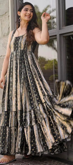 Black and Grey color Gown in Rayon fabric with Digital Print work