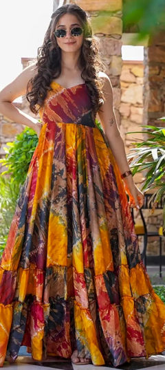 Yellow color Gown in Rayon fabric with Digital Print work