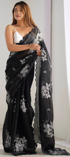 Black and Grey color Saree in Organza Silk fabric with Embroidered, Sequence, Thread work