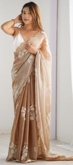 Beige and Brown color Saree in Organza Silk fabric with Embroidered, Sequence, Thread work