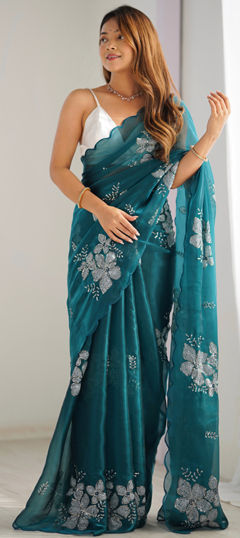 Blue color Saree in Organza Silk fabric with Embroidered, Sequence, Thread work