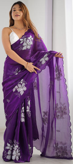 Purple and Violet color Saree in Organza Silk fabric with Embroidered, Sequence, Thread work