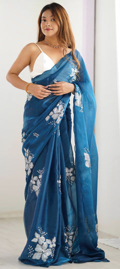 Blue color Saree in Organza Silk fabric with Embroidered, Sequence, Thread work