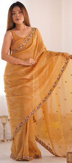 Yellow color Saree in Art Silk fabric with Embroidered, Sequence, Thread work