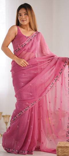 Pink and Majenta color Saree in Art Silk fabric with Embroidered, Sequence, Thread work