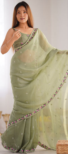 Green color Saree in Art Silk fabric with Embroidered, Sequence, Thread work