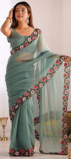 Green color Saree in Crushed Silk fabric with Embroidered, Thread work