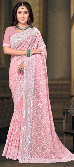 Pink and Majenta color Saree in Georgette fabric with Embroidered, Resham, Sequence, Thread work