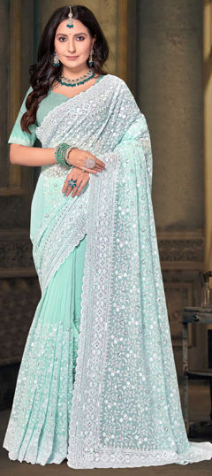 Green color Saree in Georgette fabric with Embroidered, Resham, Sequence, Thread work