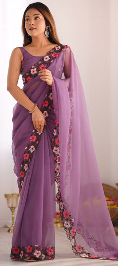 Purple and Violet color Saree in Crushed Silk fabric with Embroidered, Thread work