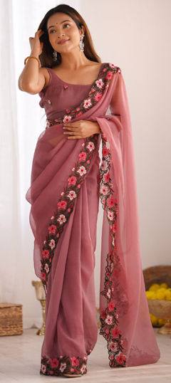 Purple and Violet color Saree in Crushed Silk fabric with Embroidered, Thread work