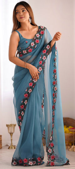 Blue color Saree in Crushed Silk fabric with Embroidered, Thread work