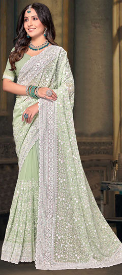 Green color Saree in Georgette fabric with Embroidered, Resham, Sequence, Thread work