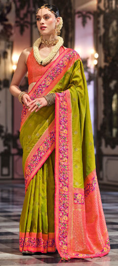 Green color Saree in Banarasi Silk fabric with Weaving work
