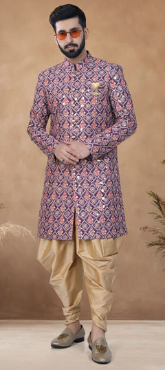 Purple and Violet color IndoWestern Dress in Cotton fabric with Embroidered, Sequence, Thread work