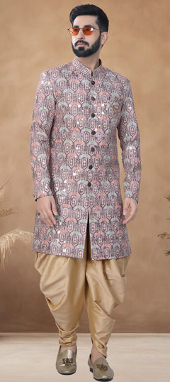 Beige and Brown color IndoWestern Dress in Cotton fabric with Embroidered, Sequence, Thread work