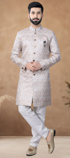 White and Off White color IndoWestern Dress in Jacquard fabric with Embroidered, Sequence, Thread work