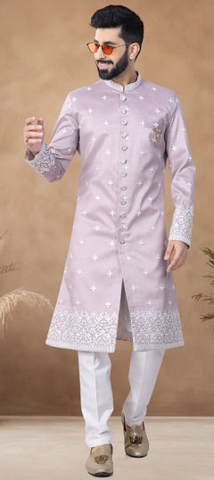 Pink and Majenta color IndoWestern Dress in Silk fabric with Embroidered, Sequence, Thread work