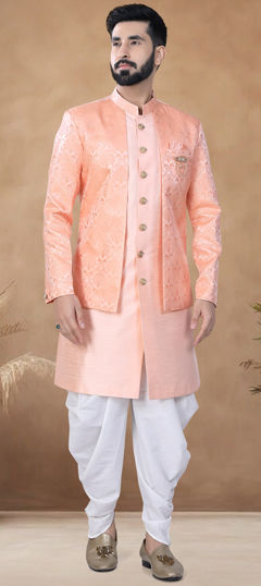 Pink and Majenta color IndoWestern Dress in Silk fabric with Broches, Weaving work