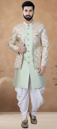 Green color IndoWestern Dress in Silk fabric with Broches, Weaving work