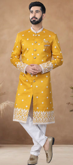 Yellow color IndoWestern Dress in Silk fabric with Embroidered, Sequence, Thread work