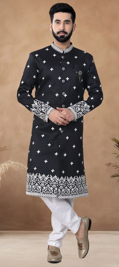 Black and Grey color IndoWestern Dress in Silk fabric with Lace work